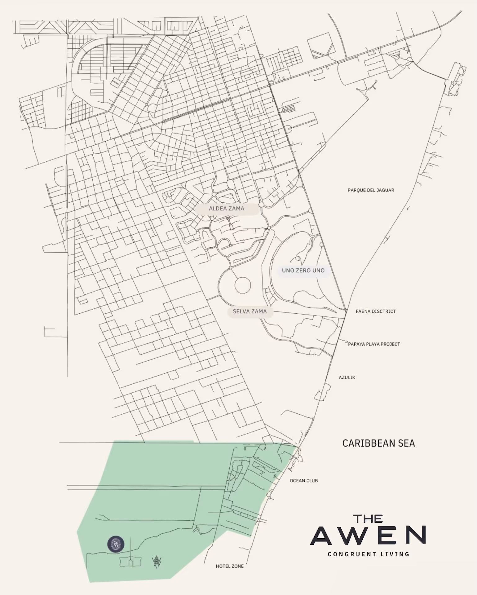 Map of The Awen private community near the Caribbean Sea and Tulum hotel zone